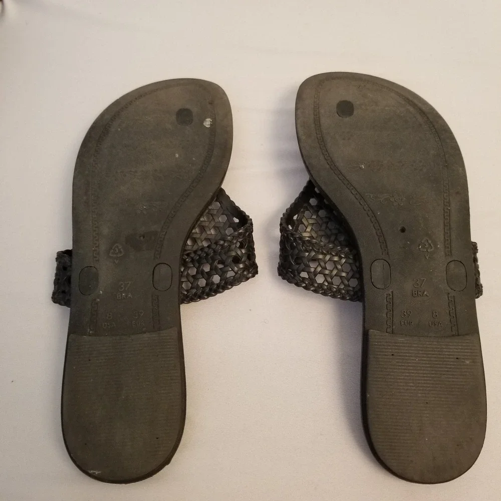 Woven Black Thong Sandals Silver Flower Detail Animal Print Footbed Womens Sz 8
